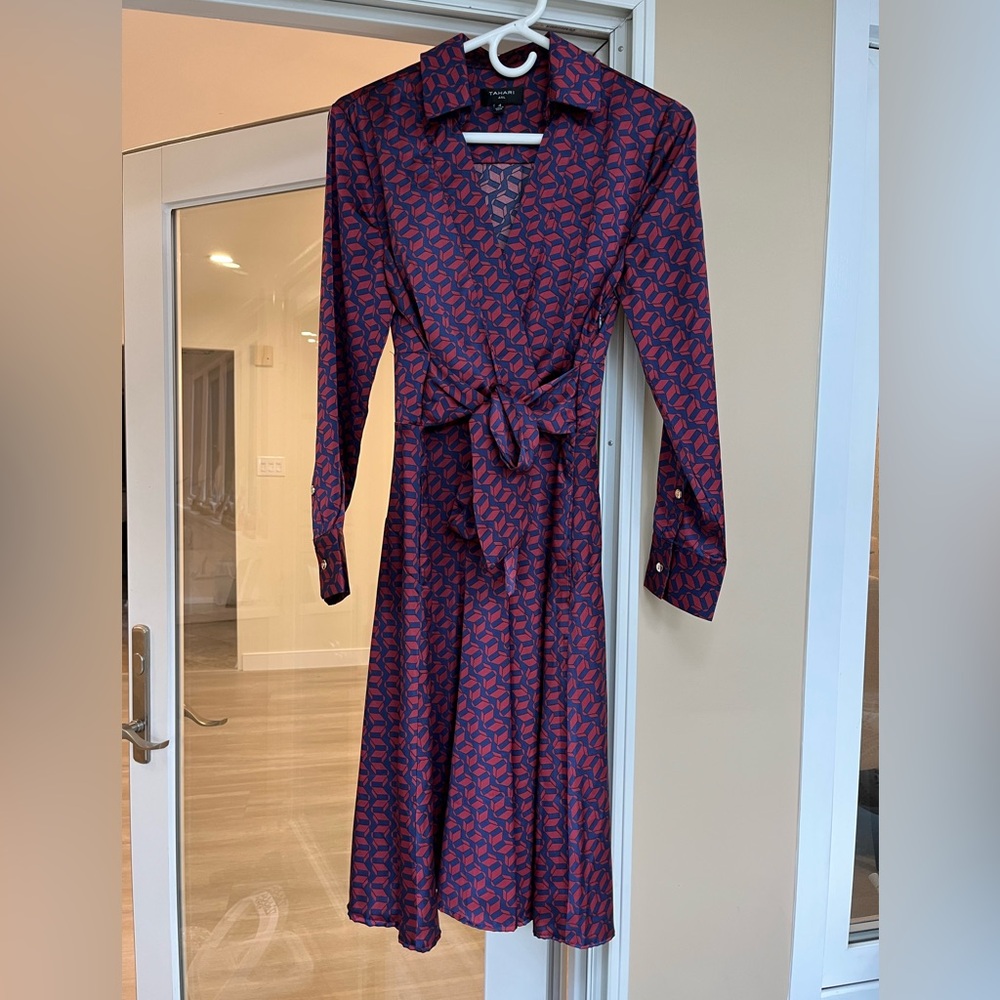 Tahari ASL Long Sleeve Dress in Red and Blue